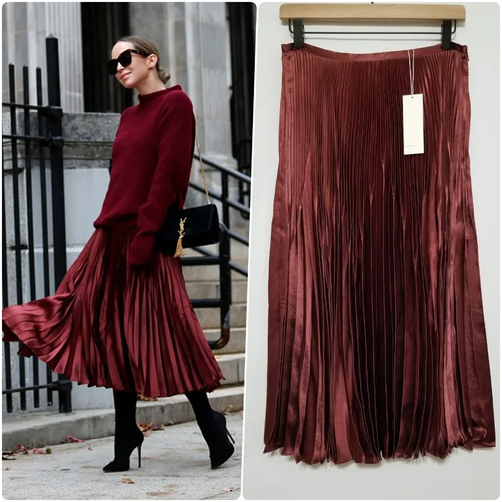 NWT‎ Vince Chevron Pleated Satin Midi Skirt in Anise Burgundy Size 6 $295
